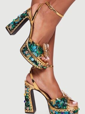 BAMBOO Gold-Trim Emerald Floral Platform Sandals
